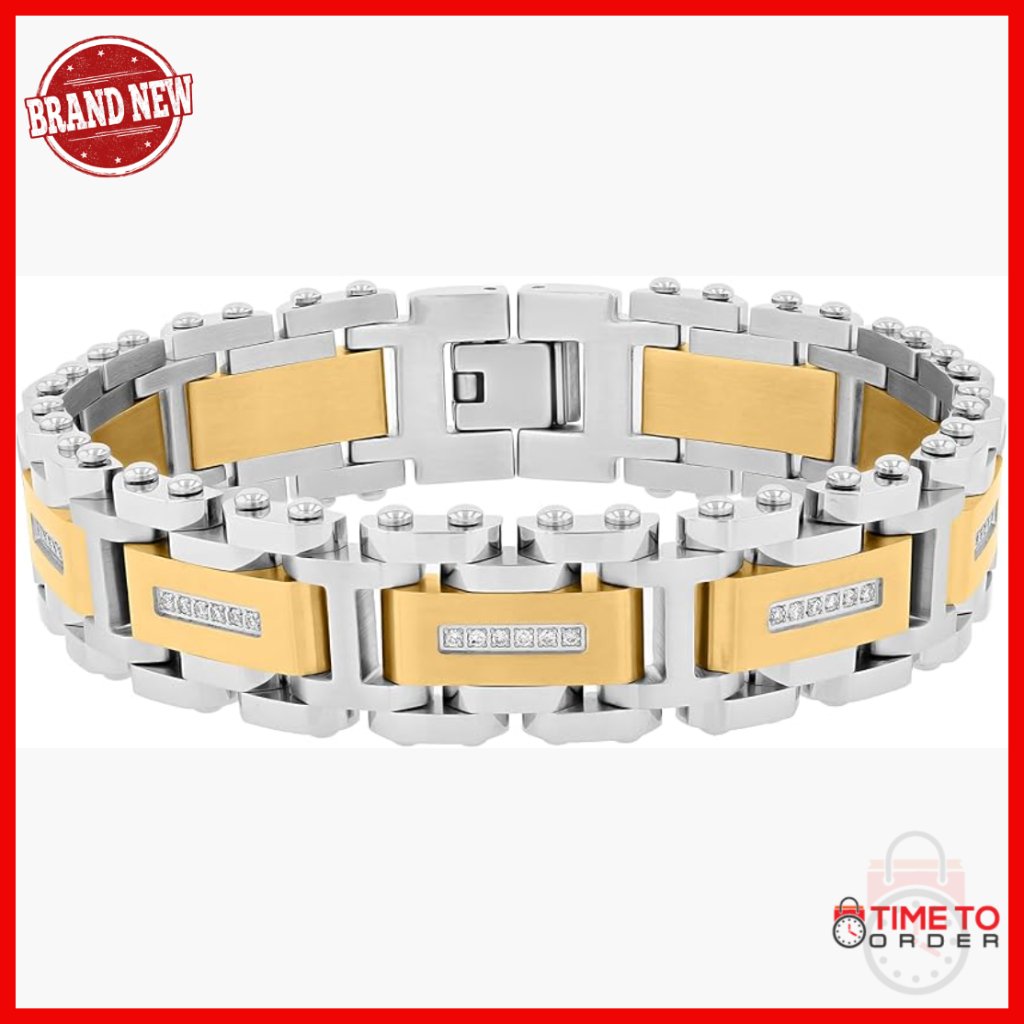 8.5 Inch Stainless Steel Two-Tone Bracelet With Cubic Zirconia Accents
